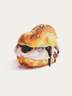 a painting of a bagel sandwich on white paper