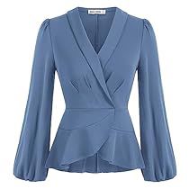 Womens Peplum Tops, Blue Peplum Top, Elegant Tops, Long Sleeve Wrap Top, Formal Tops, Dressy Shirts, Work Blouses, Trendy Fashion Tops