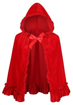 a red cape with ruffles and a bow on the hood is shown in front of a white background