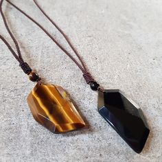 Adjustable Brown Cord Faceted Pendant Available in Tiger's Eye and Onyx Mens Cords, Leather Cord Necklace, Tigers Eye Necklace, Leather Corded Necklace, Necklace Men, Black Obsidian, Tigers Eye, Tiger's Eye, Cord Necklace