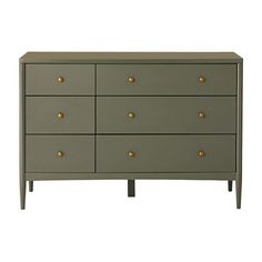 a grey dresser with gold knobs on the top and bottom drawers, against a white background