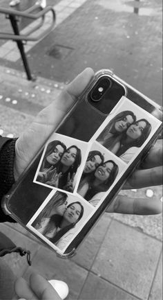 a person holding up an iphone case with four photos on the front and back of it