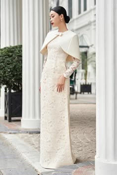 Rosaire Straight Long Sleeved Silk Lace Floor Length Ao Dai | MEAN BLVD Gaun Dress, Bridal Things, Mean Blvd, Gowns Elegant, Types Of Lace, Pink Ivory, Stylish Pants, Fashionista Clothes, Special Occasion Outfits