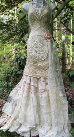 Crochet , lace and tulle maxi length wedding dress Custom made to your measurements Cream Lace Floor-length Wedding Dress, Floor-length Lace Wedding Dress With Delicate Lace, Floor-length Wedding Dress With Delicate Lace, Cream Bohemian Fitted Lace, Vintage Wedding Dress With Crochet Lace, Bohemian Lace Fitted Wedding Dress, Bohemian Fitted Wedding Dress With Lace Trim, Vintage Crochet Lace Wedding Dress, Bohemian Lace Patchwork For Wedding