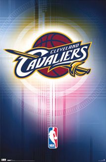 the cleveland cavs basketball team logo on a blue and red background with lights in the background
