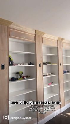 there are shelves in the room that have bookshelves on each side and closed doors