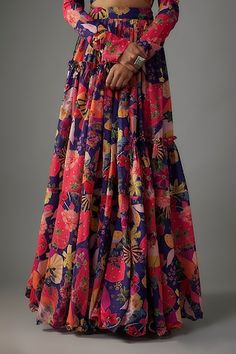 Multi color lehenga with all over bloom carnival print, hand embroidered details and ruffled tiers detailing. Paired with a matching print full sleeves V neck blouse and a sequin lace border embellished dupatta. - Aza Fashions Designer Floral Print Multicolor Choli, Designer Multicolor Floral Print Choli, Festive Floral Print Dress With Long Skirt, Bohemian Lehenga With Digital Print, Multicolor Digital Print Saree Dress, Designer Multicolor Choli With Printed Motifs, Designer Multicolor Printed Choli, Bohemian Sharara With Printed Motifs, Designer Multicolor Bohemian Sharara