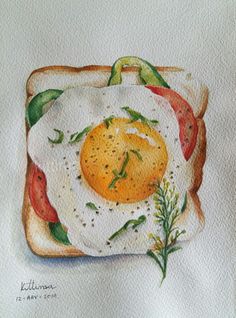 a painting of an egg in a toasted bread with tomatoes and herbs on it