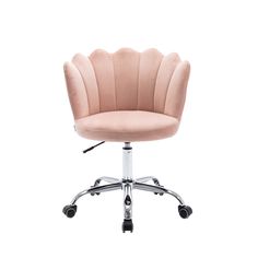 a pink office chair with chrome wheels on an isolated white background, viewed from the front