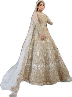 Royal Pakistani Wedding Gown in Premium Net Off White Anarkali Floor-length Gown, Off White Floor-length Anarkali Gown, Off White Bollywood Gown For Reception, Bollywood Style Off-white Gown For Reception, Festive Floor-length Off-white Gown, Festive Off White Floor-length Gown, Festive Off-white Floor-length Gown, Traditional Gold Wedding Dress With Dabka Work, Bollywood Gold Wedding Dress With Dabka Work