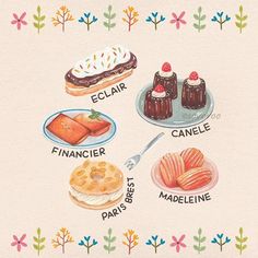 an illustration of different desserts on plates