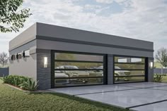 a rendering of a modern garage with two cars parked in the driveway and one car on the other side