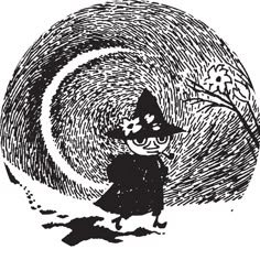 a black and white drawing of a witch in front of a swirly background with flowers