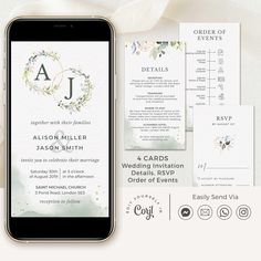 the wedding stationery is displayed on an iphone and next to it's screen