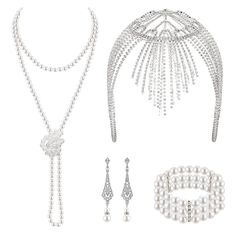 PRICES MAY VARY. 1920 Flapper Accessories: 1920 accessories set includes 1 piece sparkling 1920 flapper headpiece, 1 piece imitation pearl necklace, 1 pair vintage rhinestone pearl drop dangle earrings and 1 piece multilayer pearl bracelet, perfect 1920 flapper accessories for women. Silver great headpiece: You can use your own bobby pins to to secure it in place (ATTENTION: bobby pins are not included in this 20s accessories for women set). Pearl necklace for women length: 59 inches/ 150 cm, lo Elegant Adjustable Jewelry For Costume Party, Silver Gatsby Jewelry For Vintage Events, 1920 Accessories, Roaring 20s Accessories, 20s Accessories, 1920s Themed Party, Flapper Accessories, Halloween Themed Party, Flapper Headpiece