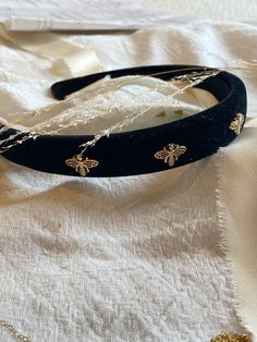 A sweet black velvet headband with lovely bees in gold on them. Bee Headband, Black Velvet Headband, Gold Bee, Black Headband, Velvet Headband, Black Bow, Turbans, Hair Accessories Headbands, Black Velvet