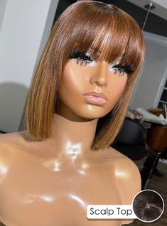 Caramel Brown Blunt Cut Bangs Bob Scalp Top Wig - JCS010 Short Bobs For Black Women, Short Curly Hair Bob, Bobs For Black Women, Sew In With Bangs, Curly Hair Bob, Hair Baddie, Bob Color, Caramel Brown Hair, Shorts Hairstyles