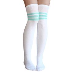 Three Mint Green Stripes Adorn The Upper Part Of The Socks To Add Elegant Flair For A Style That Is Simple But Timeless. Made In Usa Size: Women's 7-11 Material: 80% Cotton, 20% Nylon & Elastic Length: 32” - 34” Before Stretched White Casual Knee-high Stockings, White Knee-high Casual Stockings, Casual White Knee-high Stockings, Trendy White Knee-high Stockings, White Thigh High Casual Stockings, Casual White Thigh-high Stockings, Casual White Thigh High Stockings, Trendy White Knee-high School Socks, Trendy White Knee-high Socks For School