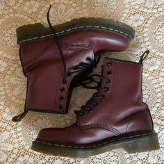 Reposhing This Item I Purchased From @Snacks333. I Thought I Was A 36 In Docs But Turns Out I Need A 37. These Boots Were Never Worn By Me- Just Tried On Once. Previous Owner Only Wore Them Once! Basically Brand New! Beautiful Deep Red Color. Dr Martens Boots Red, Red Leather Boots Aesthetic, Aesthetic Red Shoes, Dark Red Doc Martens, Cool Doc Martens, Cute Doc Martens, Casual Burgundy High-top Boots, Casual Ankle-high Burgundy Boots, Casual Burgundy Ankle-high Boots