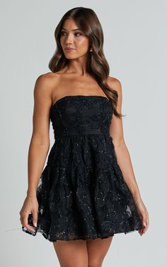 Marzy Mini Dress - Strapless Floral Detail Lace Fit and Flare Dress in Black Short Dresses Classy, Winter Formal Dresses Short, Identical Triplets, Hoco Inspo, Cute Formal Dresses, Semi Dresses, School Dance Dresses, Cute Homecoming Dresses, Winter Formal Dresses