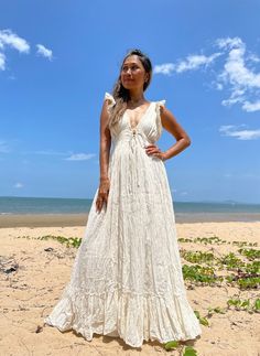 Wedding Dress Deep V Neck, Wedding Dress Deep V, Ruffled Wedding Dress, Renewing Vows, Maxi Dress Beach, Dress Deep V Neck, Boho Sundress, Maxi Dress Boho, V Neck Maxi Dress