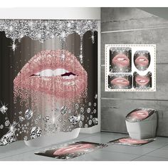 a bathroom with pink lips on the shower curtain