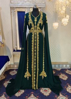 Bottle Green Wedding Designer Arabic Maxi Hand Beaded Dubai Ladies Long Sleeve Moroccan Caftan, Arabic PartyWear Kaftan With EmbroideryHijab by TheRobeDesert on Etsy Caftan Dress Moroccan, Embroidery Hijab, Turkish Kaftan, Moroccan Takchita, Caftan Dresses, Dubai Women, Vs Image, Kaftan Gown, Arabic Dress