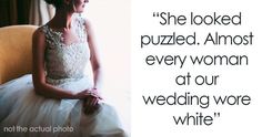 a woman in a wedding dress sitting on a chair with a quote from the bride