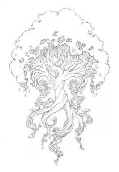 a drawing of a tree with many branches and leaves on it, in the shape of a