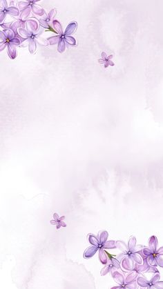 purple flowers and butterflies flying in the air on a white background with watercolor stains