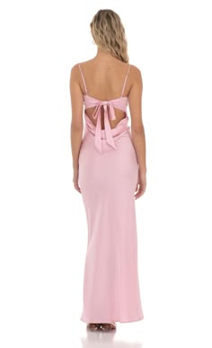 Satin Open Back Maxi Dress in Pink Pink Satin Bridesmaid Dresses Long, Simple Prom Dress Aesthetic, Sorority Formal Dresses Long, Ankle Length Formal Dress, Ball Dresses Pink, Prom Dress Light Pink, Summer Semi Formal Dresses, Long Hoco Dress, Pink Formal Dresses Long