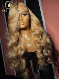 32 34inches 13x4 13x6 Body Wave Transparent Lace Front Human Hair Wig 27# Honey Blonde Colored HD Long Curly Wigs, 27 Honey Blonde, Hd Lace Frontal Wigs, Going Blonde, Curly Weaves, Black Barbies, Long Curly Wig, Hair Streaks, Wig Straight