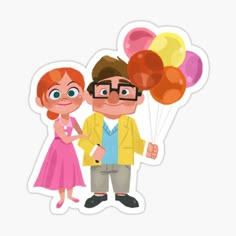 a man and woman standing next to each other with balloons in the air sticker