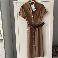 New Never Worn. Not My Color. Can’t Return Chic Belted Zara Midi Dress, Chic Zara Belted Midi Dress, Chic Leather Summer Dress, Fitted Brown Midi Dress With Buttons, Chic Zara Midi Dress For Work, Leather Midi Dress For Work, Chic Brown Belted Mini Dress, Chic Brown Midi Dress With Buttons, Brown Shirt Dress With Button Closure For Spring