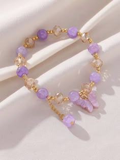 Morado  Collar  Vidrio   Embellished   Joyas de Moda Cute Butterfly Bracelets, Jewelry Accessories Necklace, Purple Accessories Jewelry, Glass Bead Friendship Bracelet, Light Purple Accessories, Purple And Black Bracelet, Beaded Charm Bracelets, Purple Bracelets Beads, Purple Jewelry Aesthetic