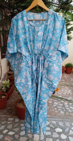 "These Kaftan we make from pure cotton Cambric Handblock print fabric. Handblock print gives it very unique look Size= Length 52\" Free size in chest . ." Bohemian Blue Sleepwear For Vacation, Blue Bohemian Sleepwear For Vacation, Summer Cotton Kaftan For Home, Blue Bohemian Sleepwear For Home, Traditional Summer Home Dress, Blue Cotton Kaftan For The Beach, Traditional Cotton Kaftan For The Beach, Blue Cotton Kaftan In Free Size, Blue Cotton Kaftan For Loungewear