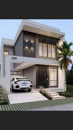 a white car is parked in front of a modern house with palm trees on the side