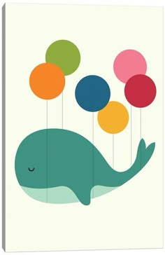 a whale with balloons floating from it's mouth canvas art print on white background