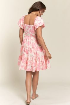 Upgrade your wardrobe with our Pink Puff Sleeve Floral Dress. The dress features a smocked top with delicate puff sleeves, made from high-quality eyelet fabric. With a square neckline and convenient pockets, this dress is perfect for any occasion. Elevate your style with this charming and elegant dress. Eyelet fabric pink and cream colors smocked puff sleeve lined 100% polyester hand wash cold or on delicate cycle Curvy Date Night Outfit, Puff Sleeve Floral Dress, Floral Puff Sleeve Dress, Air Clothes, Church Outfit, Valentines Day Dresses, Eyelet Fabric, Smocked Top, Pinterest Closet