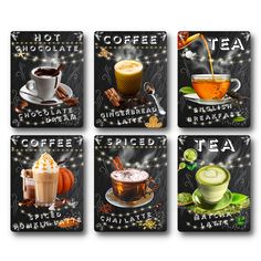 four coasters with different types of drinks and beverages on them, all decorated in the same style