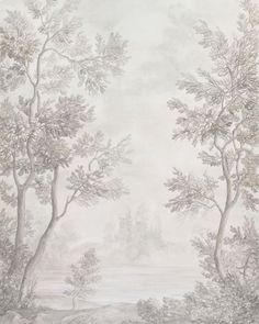 a painting with trees and water in the background