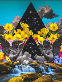 two angel statues sitting in front of a waterfall with yellow flowers and stars above them