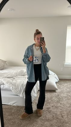 Camilla Hoops curated on LTK Simple Fall Mom Outfits, Thrifted Mom Outfits, Oversized Denim Button Up Shirt Outfit, Fall La Outfits, Simple Concert Outfit Casual, Sahm Outfits Fall, Button Down Shirt With Leggings, Suburban Mom Outfit, Fall Hairstylist Outfits