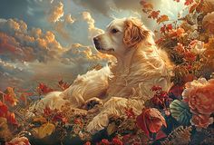 a painting of a golden retriever laying on the ground surrounded by autumn leaves and flowers