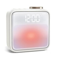 the alarm clock is white and has red light on it's face, as well as an orange circle