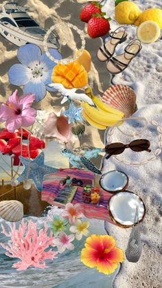 a collage of fruit, flowers and seashells on the beach with water