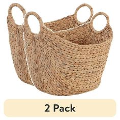 two baskets with handles are shown in the same size and color, one is made out of