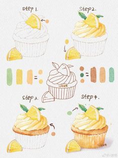 the steps in how to make cupcakes with watercolor pencils on paper