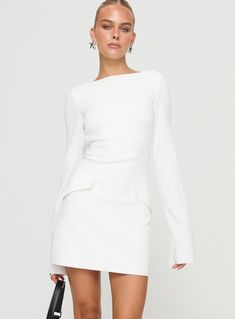 Carters Long Sleeve Mini Dress White White Classy Mini Dress, Structured White Dress, Civil Wedding Outfit The Bride Classy, Long Sleeve Bridal Shower Dress, Long Sleeve Engagement Dress, White Christmas Party Dress, White Bodycon Dress Long Sleeve, White Winter Dress, Winter Bridal Shower Outfit