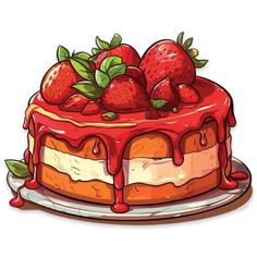 a cake with strawberries on top and drizzled in red icing